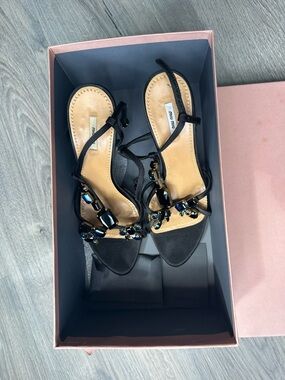Miu Miu Black Jeweled Strappy Heels with Tan Insole